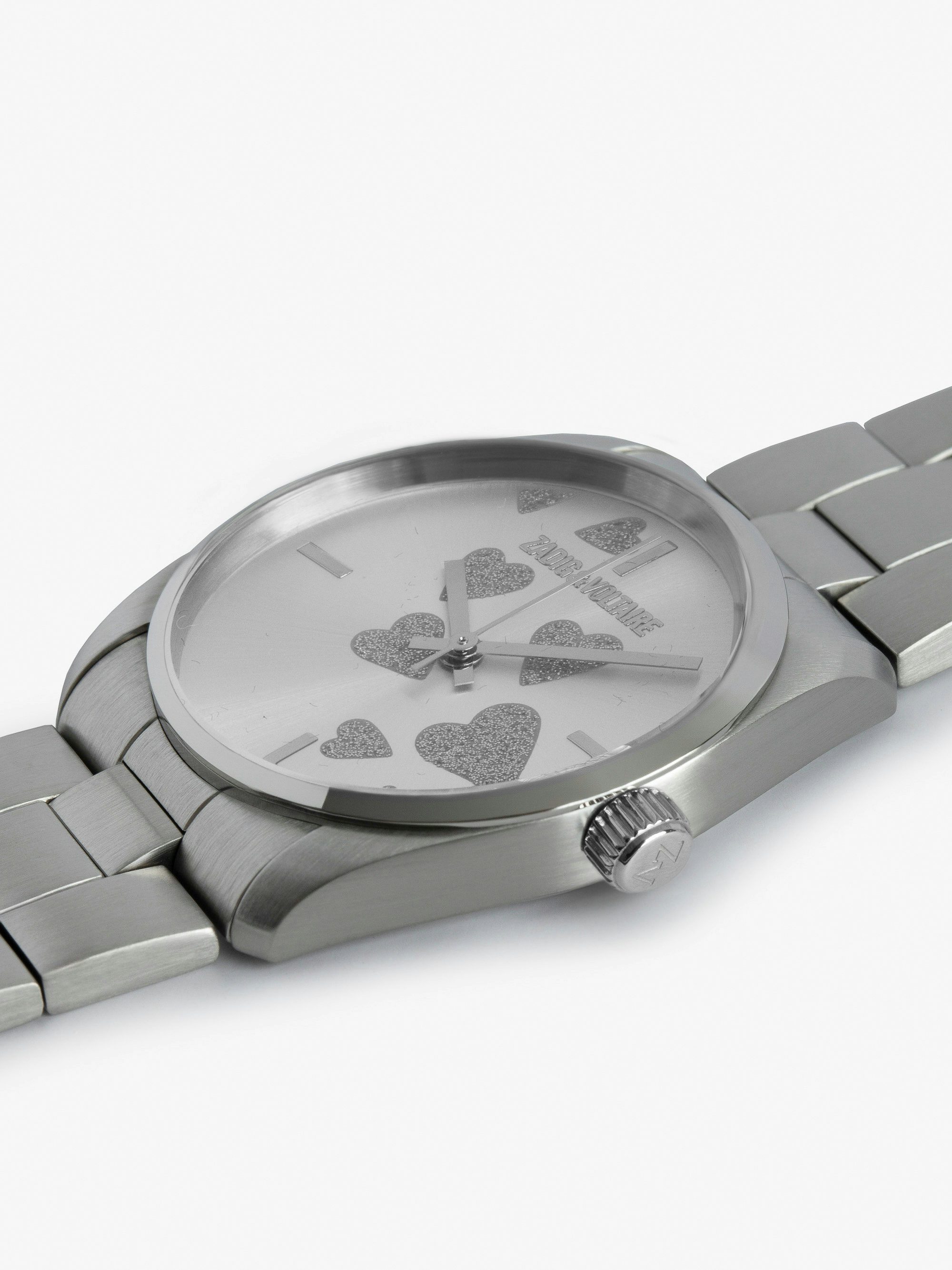 Zadig Strass Heart Watch - Silver toned stainless steel watch with silver diamante hearts on dial.